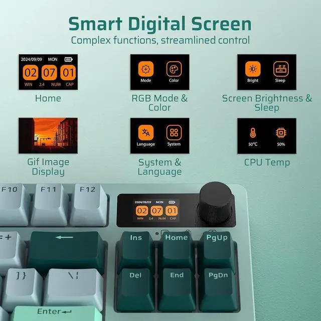 Alt view image 6 of 7 - LTC Nimbleback NB841 PRO 75% Wireless Mechanical Keyboard w/Display Screen & Knob, 2.4G/ BT/USB-C Wired RGB 84 Keys Gaming Keyboard, 3-Layer Dampener, Hot Swap PCB, Linear Switch, Green