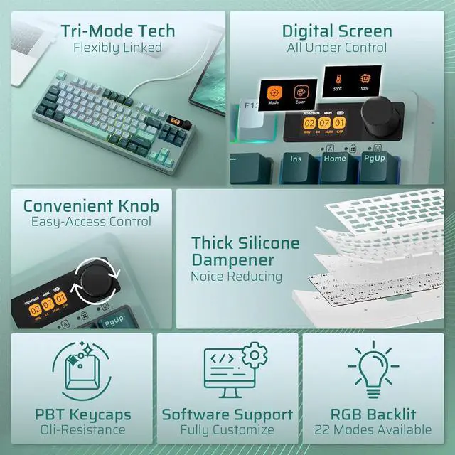 Alt view image 7 of 7 - LTC Nimbleback NB841 PRO 75% Wireless Mechanical Keyboard w/Display Screen & Knob, 2.4G/ BT/USB-C Wired RGB 84 Keys Gaming Keyboard, 3-Layer Dampener, Hot Swap PCB, Linear Switch, Green