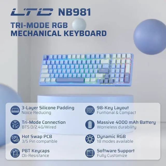 Alt view image 2 of 6 - LTC Nimbleback NB981 95% Wireless Mechanical Keyboard, 2.4G/ BT/USB-C Wired RGB 98 Keys Gaming Keyboard, 3-Layer Dampener, Hot Swap PCB, Software Support, Custom Linear Switch