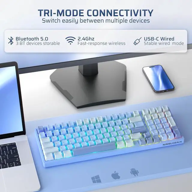 Alt view image 4 of 6 - LTC Nimbleback NB981 95% Wireless Mechanical Keyboard, 2.4G/ BT/USB-C Wired RGB 98 Keys Gaming Keyboard, 3-Layer Dampener, Hot Swap PCB, Software Support, Custom Linear Switch