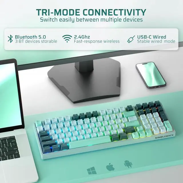 Alt view image 5 of 6 - LTC Nimbleback NB981 95% Wireless Mechanical Keyboard, 2.4G/ BT/USB-C Wired RGB 98 Keys Gaming Keyboard, 3-Layer Dampener, Hot Swap PCB, Software Support, Custom Linear Switch, Green