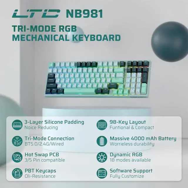 Alt view image 6 of 6 - LTC Nimbleback NB981 95% Wireless Mechanical Keyboard, 2.4G/ BT/USB-C Wired RGB 98 Keys Gaming Keyboard, 3-Layer Dampener, Hot Swap PCB, Software Support, Custom Linear Switch, Green