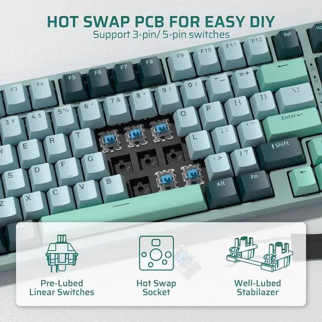 Alt view image 4 of 6 - LTC Nimbleback NB981 95% Wireless Mechanical Keyboard, 2.4G/ BT/USB-C Wired RGB 98 Keys Gaming Keyboard, 3-Layer Dampener, Hot Swap PCB, Software Support, Custom Linear Switch, Green
