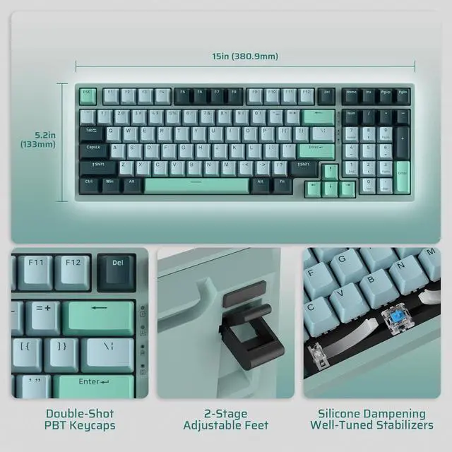 Alt view image 3 of 6 - LTC Nimbleback NB981 95% Wireless Mechanical Keyboard, 2.4G/ BT/USB-C Wired RGB 98 Keys Gaming Keyboard, 3-Layer Dampener, Hot Swap PCB, Software Support, Custom Linear Switch, Green