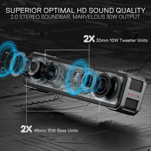 Alt view image 4 of 7 - Redragon GS817 RGB Desktop Soundbar, 2.0 Channel Stereo Speakers for Desktop w/Massive 30W Max Power, Touch-Control, Bluetooth 5.3 & 3.5mm AUX Inputs, Black