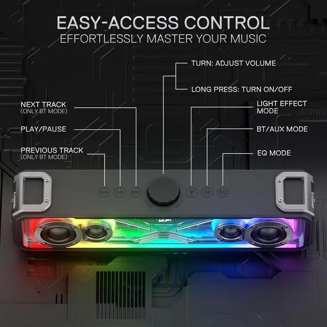 Alt view image 5 of 7 - Redragon GS817 RGB Desktop Soundbar, 2.0 Channel Stereo Speakers for Desktop w/Massive 30W Max Power, Touch-Control, Bluetooth 5.3 & 3.5mm AUX Inputs, Black