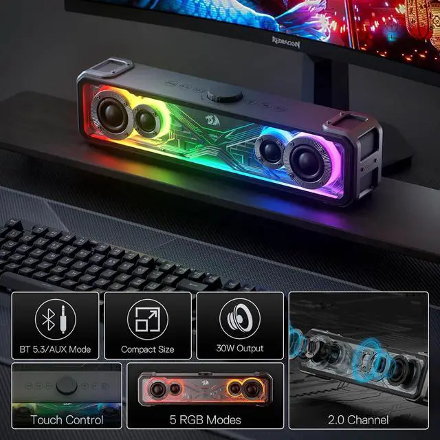 Alt view image 6 of 7 - Redragon GS817 RGB Desktop Soundbar, 2.0 Channel Stereo Speakers for Desktop w/Massive 30W Max Power, Touch-Control, Bluetooth 5.3 & 3.5mm AUX Inputs, Black