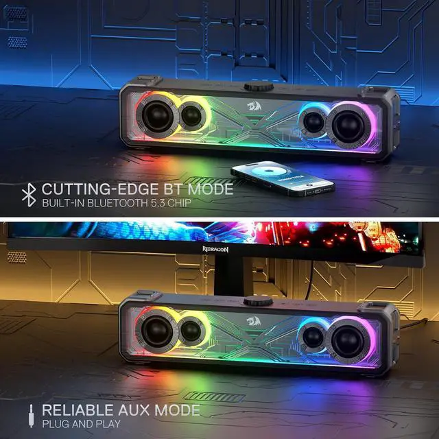 Alt view image 3 of 7 - Redragon GS817 RGB Desktop Soundbar, 2.0 Channel Stereo Speakers for Desktop w/Massive 30W Max Power, Touch-Control, Bluetooth 5.3 & 3.5mm AUX Inputs, Black