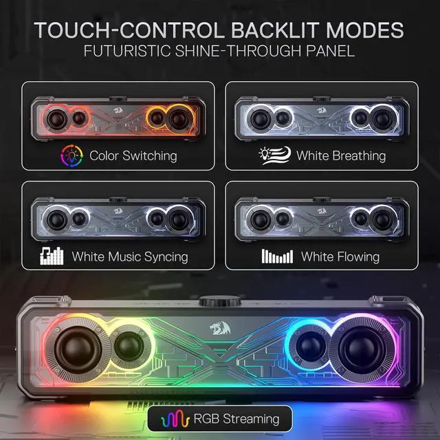 Alt view image 7 of 7 - Redragon GS817 RGB Desktop Soundbar, 2.0 Channel Stereo Speakers for Desktop w/Massive 30W Max Power, Touch-Control, Bluetooth 5.3 & 3.5mm AUX Inputs, Black