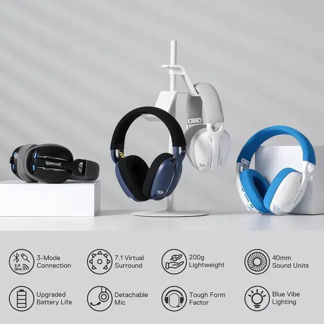 Alt view image 2 of 7 - Redragon H878 3-Mode Wireless Blue Lighting Gaming Headset - Lightweight - 7.1 Surround Sound - 40MM Drivers - Detachable Microphone - Multi Platforms for PC, PS5/4/3, Switch, Mobile, Black&Blue