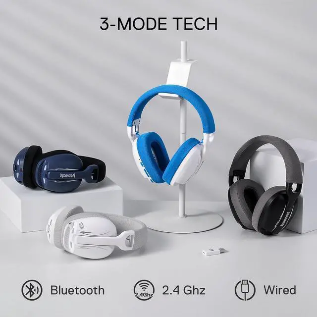Alt view image 5 of 7 - Redragon H878 3-Mode Wireless Blue Lighting Gaming Headset - Lightweight - 7.1 Surround Sound - 40MM Drivers - Detachable Microphone - Multi Platforms for PC, PS5/4/3, Switch, Mobile, White&Blue