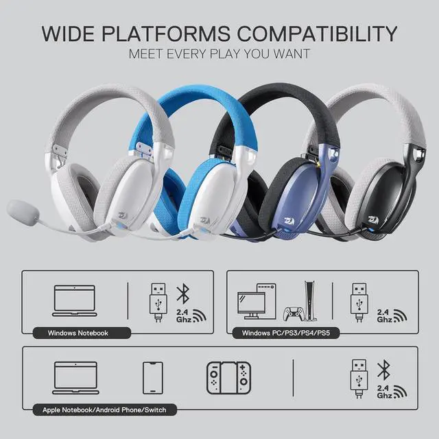 Alt view image 2 of 7 - Redragon H878 3-Mode Wireless Blue Lighting Gaming Headset - Lightweight - 7.1 Surround Sound - 40MM Drivers - Detachable Microphone - Multi Platforms for PC, PS5/4/3, Switch, Mobile, White&Blue