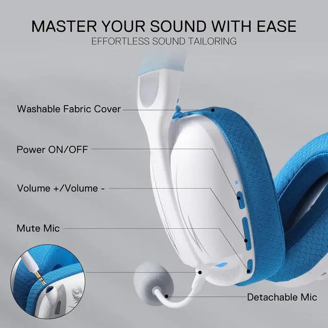 Alt view image 4 of 7 - Redragon H878 3-Mode Wireless Blue Lighting Gaming Headset - Lightweight - 7.1 Surround Sound - 40MM Drivers - Detachable Microphone - Multi Platforms for PC, PS5/4/3, Switch, Mobile, White&Blue