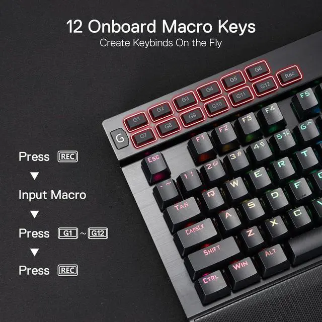 Alt view image 2 of 7 - Redragon K550 RGB Gaming Keyboard, 104 Keys + 12 Macro G Keys Wired Mechanical Keyboard w/Aluminum Top Plate, Custom Clicky Purple Switch, Extra USB Port & Wrist Rest