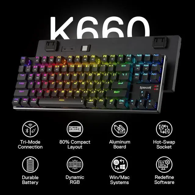 Alt view image 5 of 7 - Redragon K660RGB-PRO (K556 TKL) Wireless Gaming Keyboard, 80% 87 Keys BT/2.4Ghz Tri-Mode Aluminum Mechanical Keyboard w/Mac Function Keys, Hot-Swap Sockets & Noise Absorbing Form, Red Switch