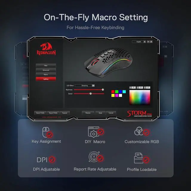 Alt view image 6 of 7 - Redragon M808 Storm Pro Wireless Gaming Mouse, RGB Honeycomb Form - 16,000 DPI Optical Sensor - Programmable Macro Buttons - Precise Registration