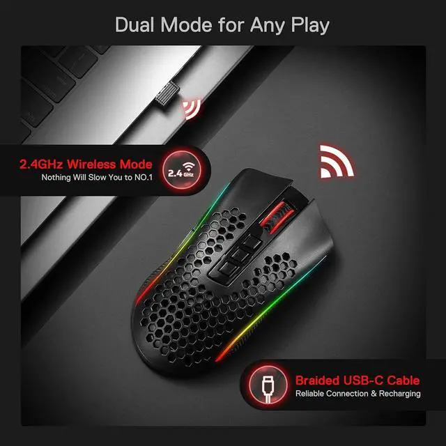 Alt view image 4 of 7 - Redragon M808 Storm Pro Wireless Gaming Mouse, RGB Honeycomb Form - 16,000 DPI Optical Sensor - Programmable Macro Buttons - Precise Registration