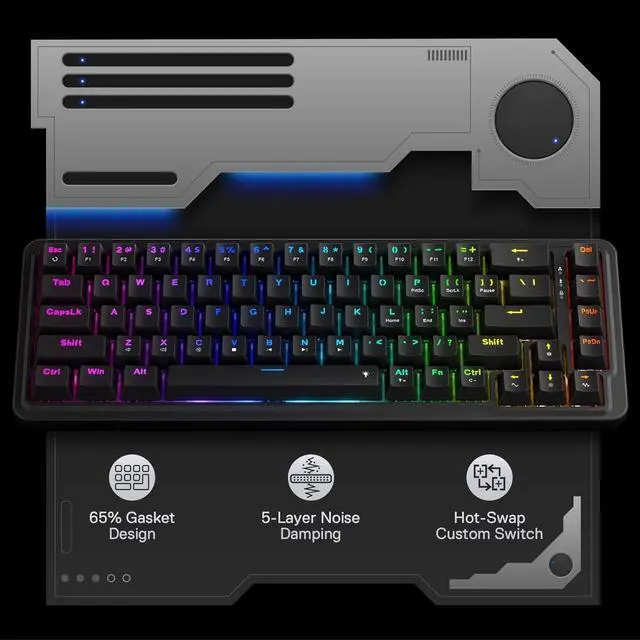 Alt view image 3 of 7 - Redragon K709 65% Wired Gasket RGB Gaming Keyboard, 68 Keys Hot-Swap Compact Mechanical Keyboard w/Free-Mod Socket, 3-Layer Noise Dampening & Dedicated Arrow Keys, Quiet Custom Linear Switch