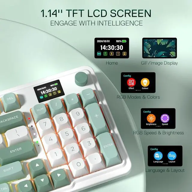 Alt view image 7 of 7 - Redragon K719 Wireless Gasket Gaming Keyboard w/Hype Screen & Knob, 95 Keys Mechanical Keyboard, Easy-Control 1.14 TFT Info Display, 5-Layer Noise Dampening, Custom Linear Switch, Jade Cloud Color
