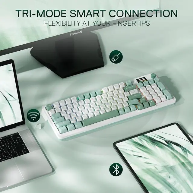 Alt view image 3 of 7 - Redragon K719 Wireless Gasket Gaming Keyboard w/Hype Screen & Knob, 95 Keys Mechanical Keyboard, Easy-Control 1.14 TFT Info Display, 5-Layer Noise Dampening, Custom Linear Switch, Jade Cloud Color