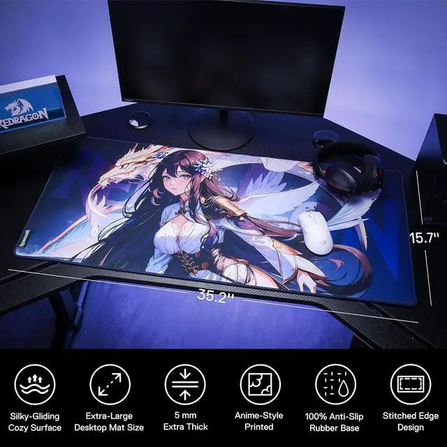 Alt view image 4 of 6 - Redragon P046L Anime Gaming Mouse Pad - Smooth Lycra Surface, Anti-Slip Rubber Base, Spill-Resistant, Durable 5mm Thick Design, 35 x 16 inches, Dark Blue