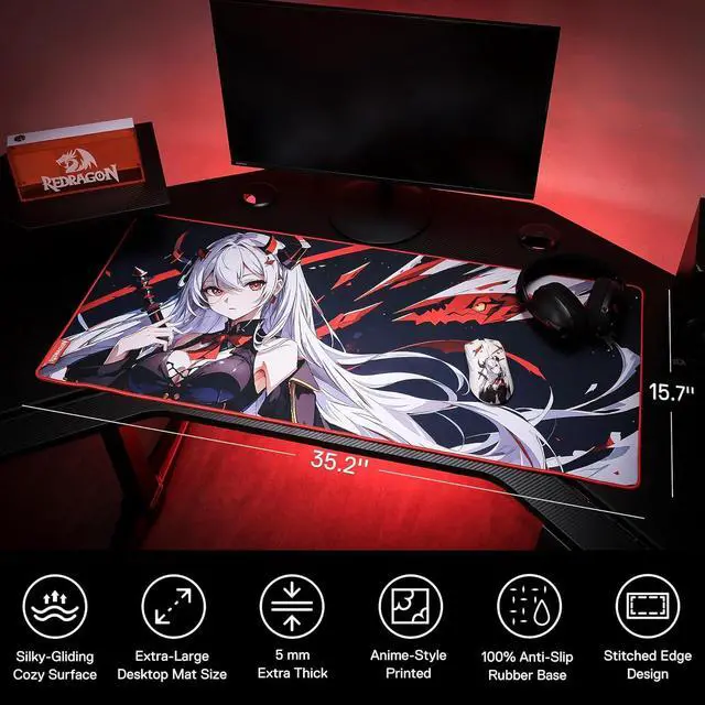Alt view image 2 of 6 - Redragon EISA P047L Anime Gaming Mouse Pad - Smooth Lycra Surface, Anti-Slip Rubber Base, Spill-Resistant, Durable 5mm Thick Design, 35 x 16 inches, Black