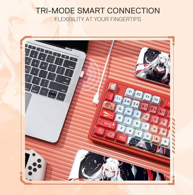 Alt view image 3 of 7 - Redragon K673 PRO SE 75% 81 Keys Wireless Gasket RGB Gaming Keyboard, 3-Mode Anime Mechanical Keyboard w/Hot-Swap Socket, Dedicated Knob Control & 5-Layer Noise Dampening, Custom Hi-Fi Linear Switch