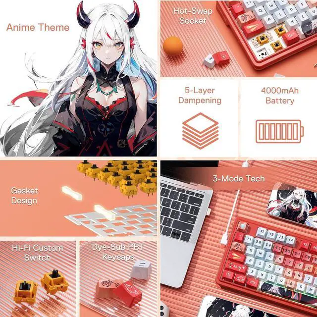 Alt view image 5 of 7 - Redragon K673 PRO SE 75% 81 Keys Wireless Gasket RGB Gaming Keyboard, 3-Mode Anime Mechanical Keyboard w/Hot-Swap Socket, Dedicated Knob Control & 5-Layer Noise Dampening, Custom Hi-Fi Linear Switch