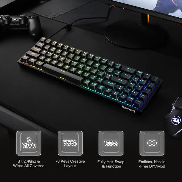 Alt view image 5 of 7 - Redragon S136 Gaming Keyboard & Mouse Combo, 75% K628 Tri-Mode Wireless RGB Mechanical Keyboard and 7200 DPI Wireless Gaming Mouse Bundle, Convenient Shared Dongle