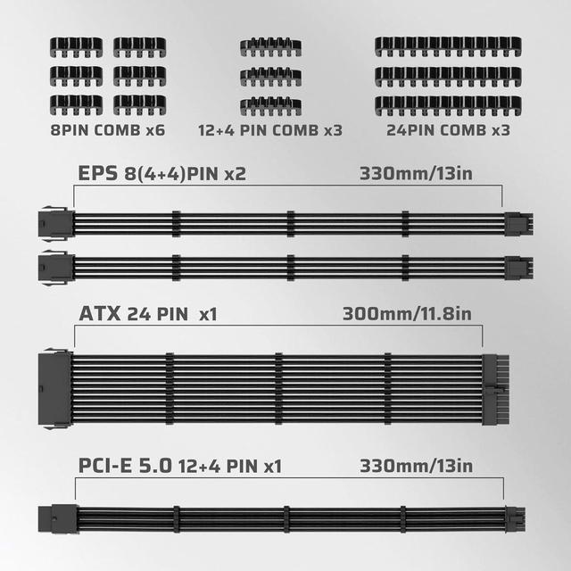 Alt view image 3 of 7 - LTC 12VHPWR PSU Cable Extension Kit, 16AWG PCI-E 5.0 Power Supply PC Cable Extension, 1x24 Pin ATX / 2X 8Pin(4+4) EPS / 1x 12+4 Pin GPU, Soft Braided Sleeve Cable Combs, 300mm