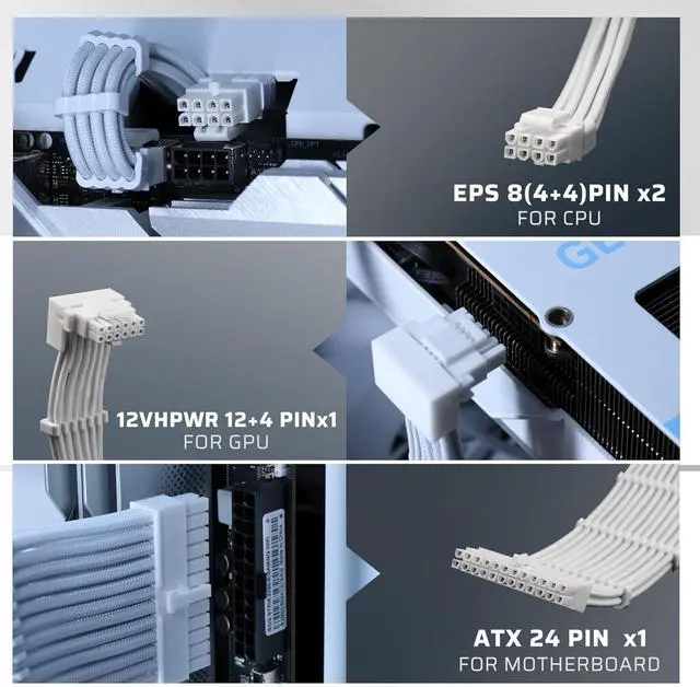 Alt view image 5 of 7 - LTC 12VHPWR PSU Cable Extension Kit, 16AWG PCI-E 5.0 Power Supply PC Cable Extension, 1x24 Pin ATX / 2X 8Pin(4+4) EPS / 1x 12+4 Pin GPU, Soft Braided Sleeve Cable Combs, 300mm