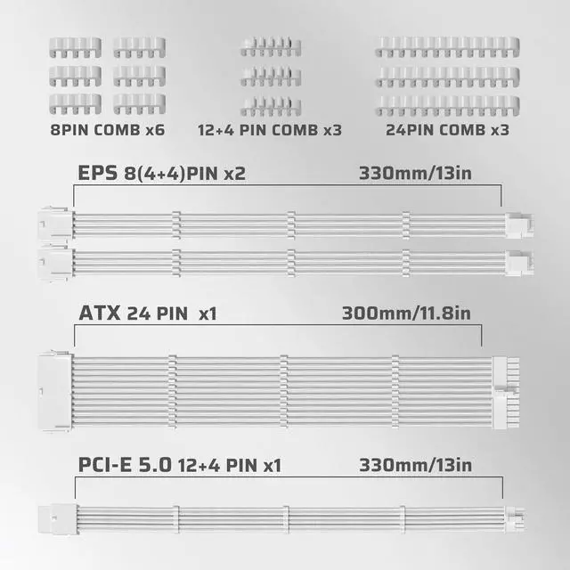 Alt view image 6 of 7 - LTC 12VHPWR PSU Cable Extension Kit, 16AWG PCI-E 5.0 Power Supply PC Cable Extension, 1x24 Pin ATX / 2X 8Pin(4+4) EPS / 1x 12+4 Pin GPU, Soft Braided Sleeve Cable Combs, 300mm
