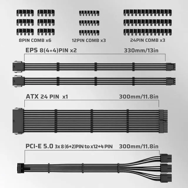 Alt view image 5 of 7 - LTC 12VHPWR PSU Cable Extension Kit, 16AWG PCI-E 5.0 Power Supply PC Cable Extension, 1x 24 Pin ATX /2X 8Pin (4+4) EPS Cable / 3X (6+2P) to 12+4 Pin GPU, Soft Braided Sleeve Cable Combs, 300mm