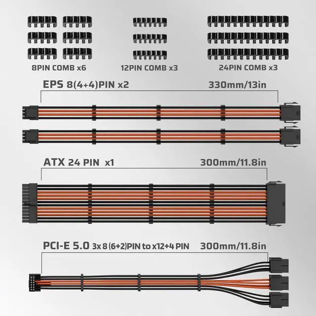 Alt view image 6 of 7 - LTC 12VHPWR PSU Cable Extension Kit, 16AWG PCI-E 5.0 Power Supply PC Cable Extension, 1x 24 Pin ATX /2X 8Pin (4+4) EPS Cable / 3X (6+2P) to 12+4 Pin GPU, Soft Braided Sleeve Cable Combs, 300mm