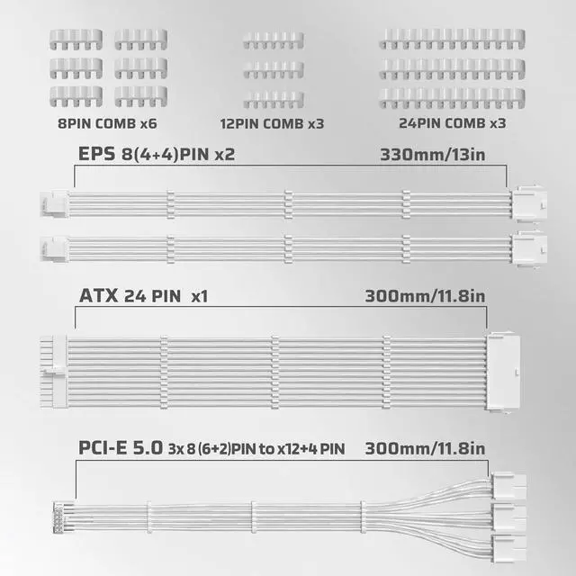Alt view image 6 of 7 - LTC 12VHPWR PSU Cable Extension Kit, 16AWG PCI-E 5.0 Power Supply PC Cable Extension, 1x 24 Pin ATX /2X 8Pin (4+4) EPS Cable / 3X (6+2P) to 12+4 Pin GPU, Soft Braided Sleeve Cable Combs, 300mm