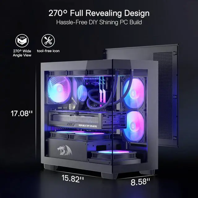 Alt view image 7 of 7 - Redragon GC218M Gaming Back-Mounted PC Case, M-ATX Computer Chassis w/ 2 x 120mm Fans Pre-Installed & High Airflow Perforated Panels, 270° Full View, Easy Cable Management, Black