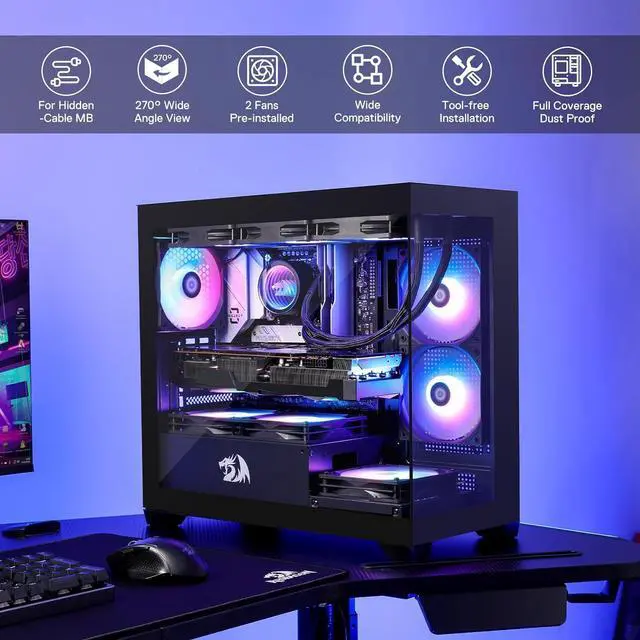 Alt view image 4 of 7 - Redragon GC218M Gaming Back-Mounted PC Case, M-ATX Computer Chassis w/ 2 x 120mm Fans Pre-Installed & High Airflow Perforated Panels, 270° Full View, Easy Cable Management, Black