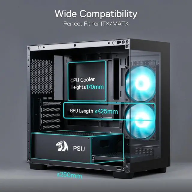 Alt view image 3 of 7 - Redragon GC218M Gaming Back-Mounted PC Case, M-ATX Computer Chassis w/ 2 x 120mm Fans Pre-Installed & High Airflow Perforated Panels, 270° Full View, Easy Cable Management, Black