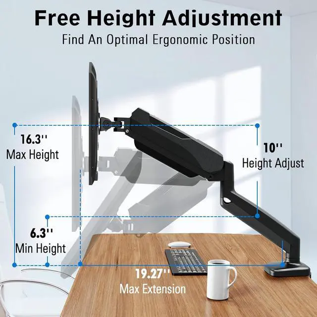 Alt view image 2 of 7 - Redragon GMK914 Single Monitor Mount Stand - Gas Spring Adjustable Arms with VESA 75/100mm, 13-32 Inch Screen Compatibility, C Clamp & Grommet Base, Cable Management, 17.6lbs Load Capacity