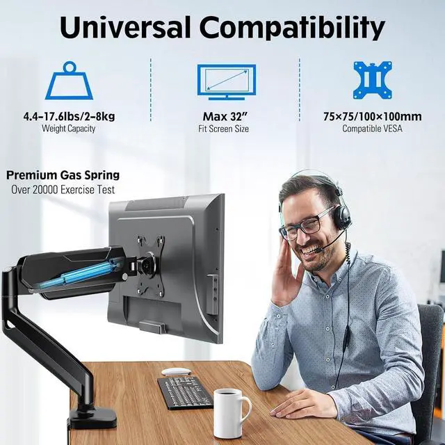 Alt view image 6 of 7 - Redragon GMK914 Single Monitor Mount Stand - Gas Spring Adjustable Arms with VESA 75/100mm, 13-32 Inch Screen Compatibility, C Clamp & Grommet Base, Cable Management, 17.6lbs Load Capacity