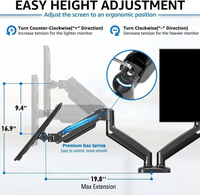 Alt view image 3 of 7 - Redragon GMK915 Dual Monitor Mount Stand - Gas Spring Adjustable Arms with VESA 75/100mm, 13-32 Inch Screen Compatibility, C Clamp & Grommet Base, Cable Management, 17.6lbs Load Capacity