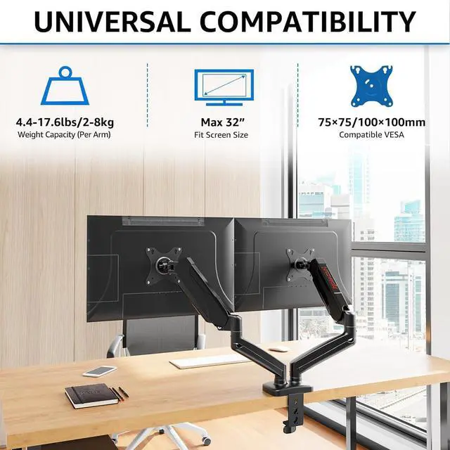 Alt view image 5 of 7 - Redragon GMK915 Dual Monitor Mount Stand - Gas Spring Adjustable Arms with VESA 75/100mm, 13-32 Inch Screen Compatibility, C Clamp & Grommet Base, Cable Management, 17.6lbs Load Capacity