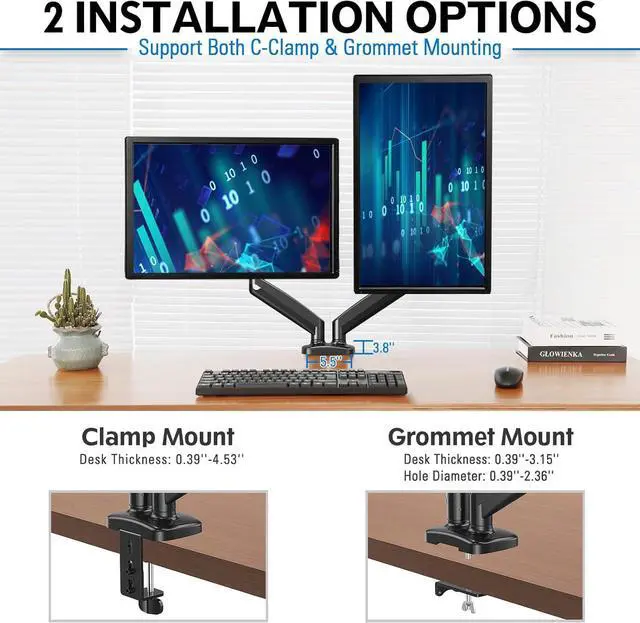 Alt view image 4 of 7 - Redragon GMK915 Dual Monitor Mount Stand - Gas Spring Adjustable Arms with VESA 75/100mm, 13-32 Inch Screen Compatibility, C Clamp & Grommet Base, Cable Management, 17.6lbs Load Capacity