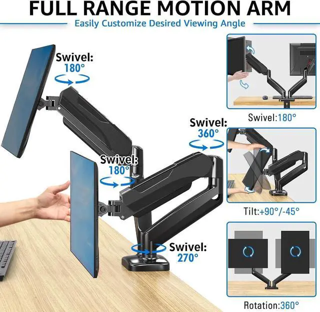 Alt view image 2 of 7 - Redragon GMK915 Dual Monitor Mount Stand - Gas Spring Adjustable Arms with VESA 75/100mm, 13-32 Inch Screen Compatibility, C Clamp & Grommet Base, Cable Management, 17.6lbs Load Capacity