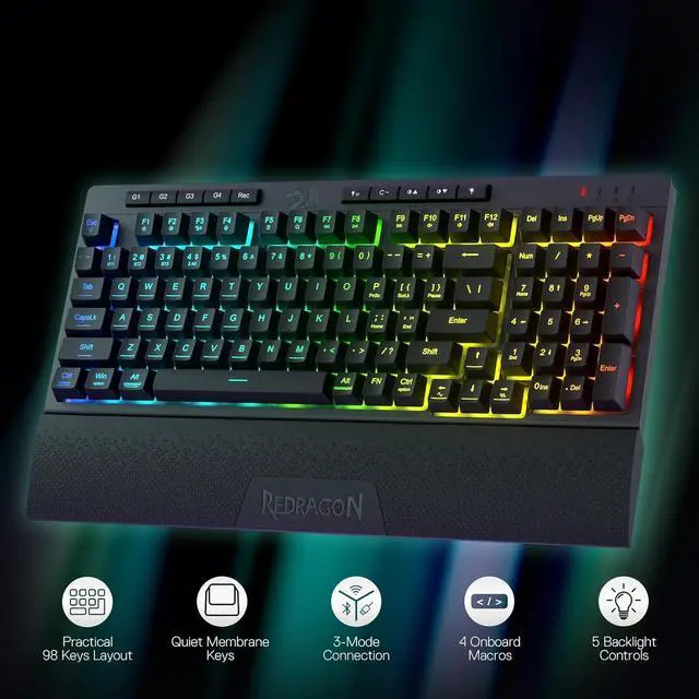 Alt view image 2 of 7 - Redragon K515 PRO Shiva RGB Wireless Membrane Gaming Keyboard, 98 Keys Mechanical-Feel Keyboard w/Smooth Linear Switch, On-Board Macro & Multimedia Keys, Detachable Wrist Rest, Software Supported