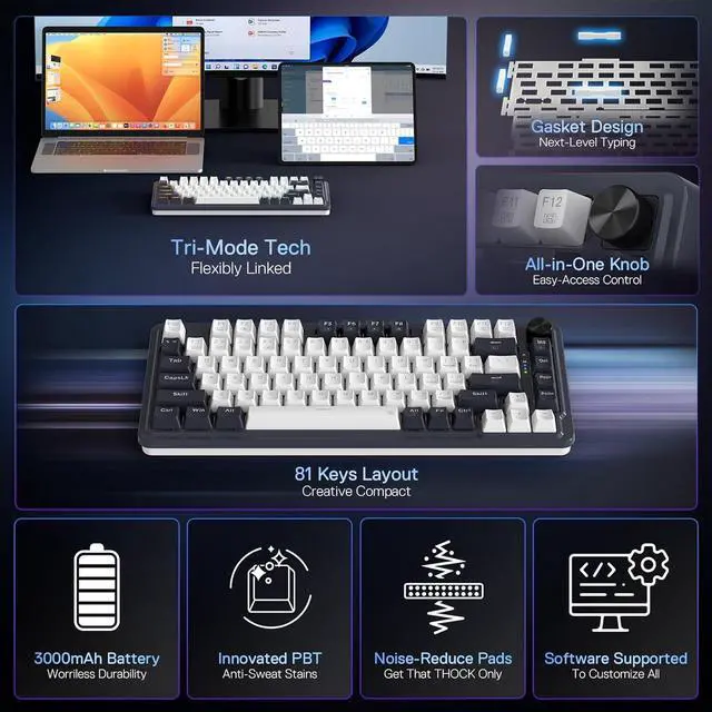 Alt view image 7 of 7 - Redragon K673 PRO 75% Wireless Gasket RGB Gaming Keyboard, 3-Modes 81 Keys Compact Mechanical Keyboard Hot-Swap Socket, Dedicated Knob Control and Sound Absorbing Pads, Linear Red Switch