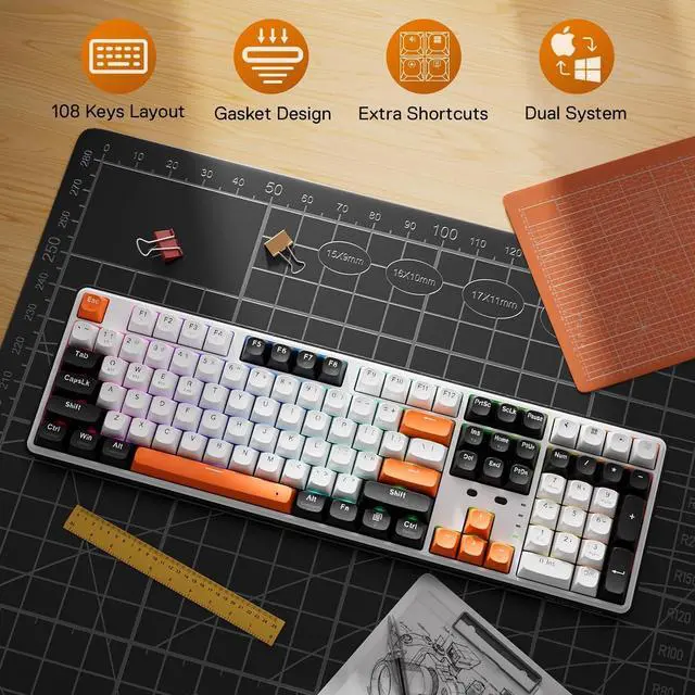 Alt view image 6 of 7 - Redragon K689 PRO Wireless Gasket RGB Gaming Keyboard, 108 Keys Mechanical Keyboard w/Extra 4 Hotkeys, Upgraded Hot-swappable Socket, 3-Layer Noise Dampening, Round PBT Keycaps, Custom Linear Switch