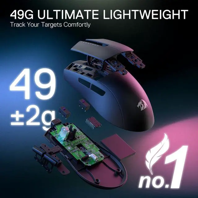 Alt view image 3 of 7 - Redragon M916 STD 3-Mode Wireless Gaming Mouse, 49G Ultra-Light 24K DPI Mice w/Ergonomic Natural Grip Build, Full Programmable Buttons, Software Supports DIY Keybinds & DPI