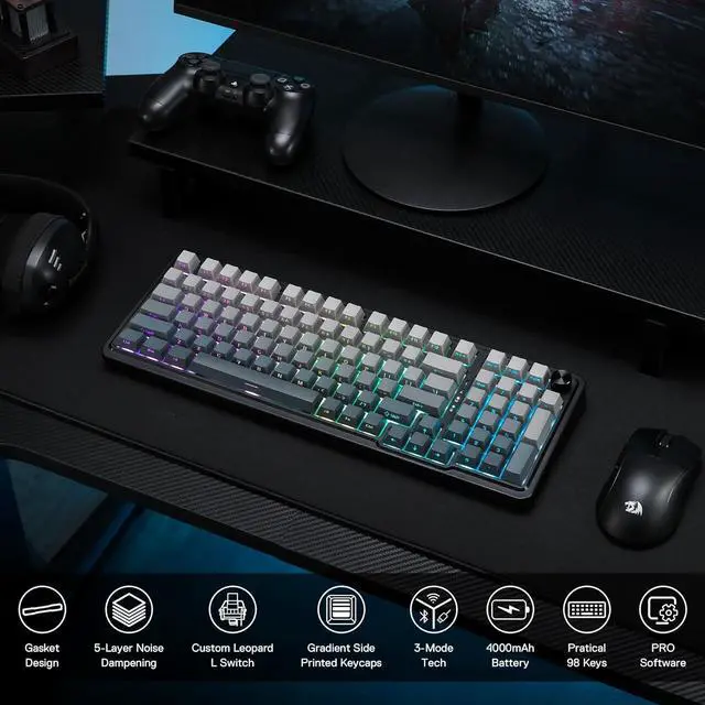 Alt view image 6 of 7 - Redragon K686 PRO 98 Keys Wireless Gasket RGB Gaming Keyboard, 3-Mode PBT Mechanical Keyboard w/Hot-Swap South-Facing RGB Socket, Dedicated Knob Control & 5-Layer Noise Dampening, Gradient PBT Keycaps