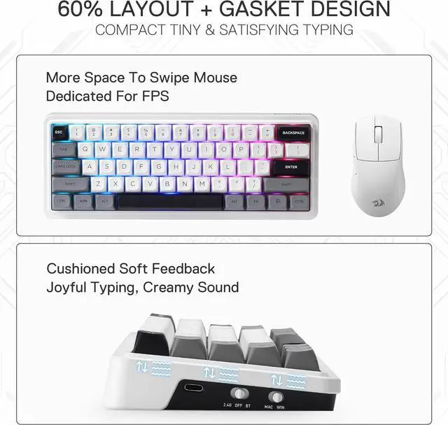 Alt view image 4 of 7 - Redragon K722 PRO 60% Wireless Gasket RGB Gaming Keyboard, 61 Keys Hot-Swap Compact Mechanical Keyboard w/Free-Mod Socket, 5-Layer Noise Dampening & Round PBT Keycaps, Quiet Custom Linear Switch